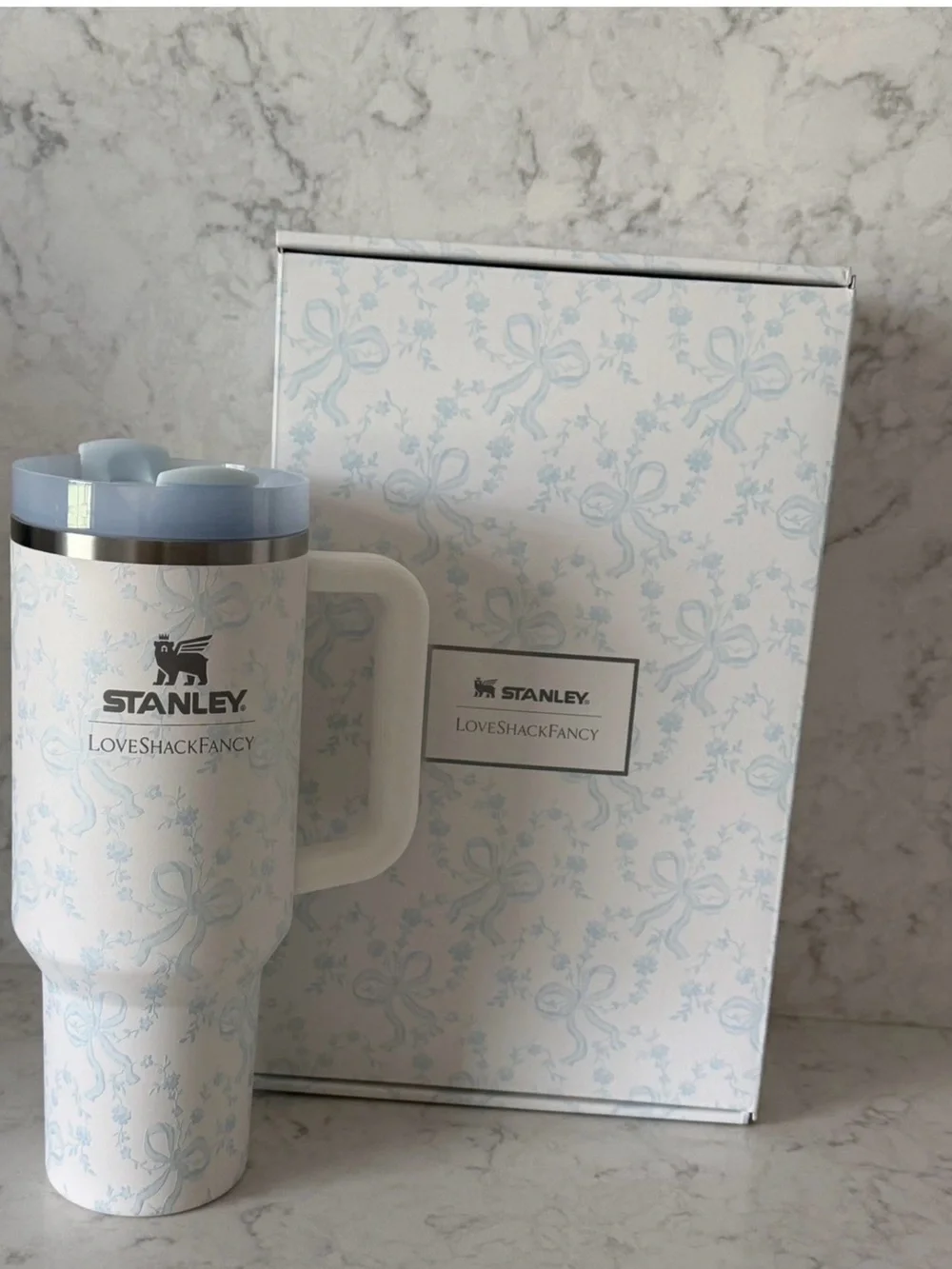 Stanley Pale Blue Floral Quencher Tumbler with Bow Straw
